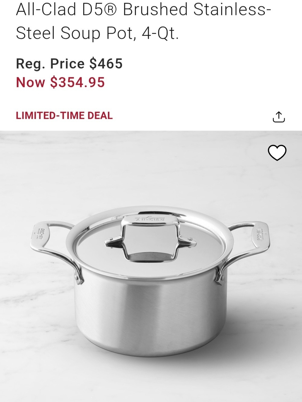 All-Clad D5 4-Quart Brushed Stainless Steel Pot